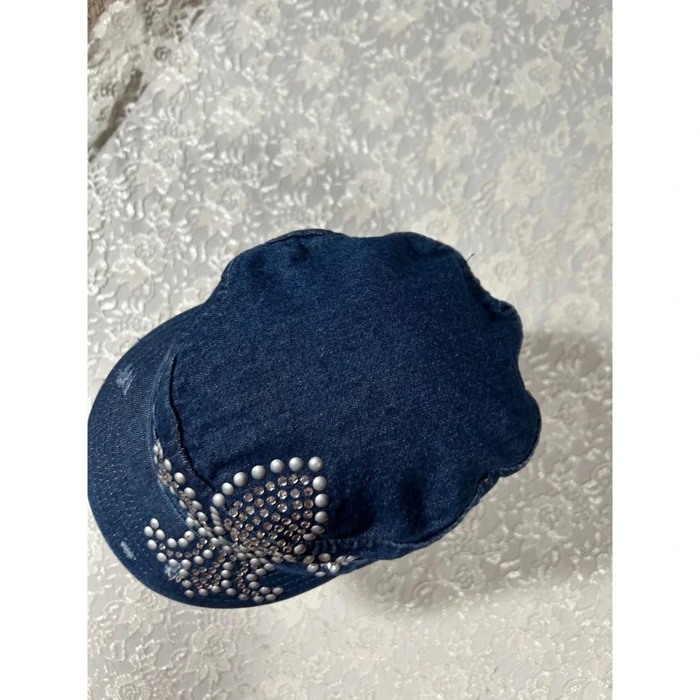 Y2K VTG Denim Fleur De Lis Rhinestone Cadet Hat Military McBling Grunge 2000s